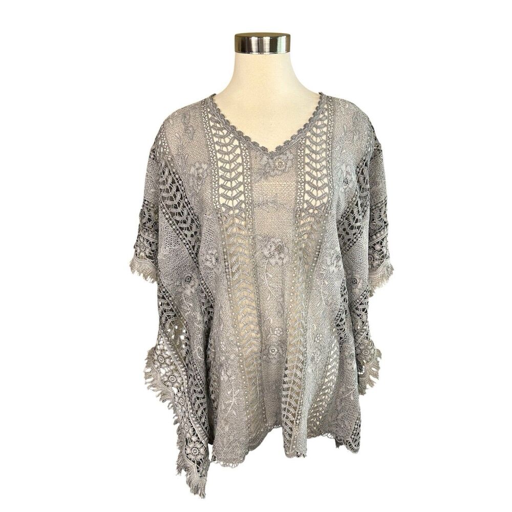 VTG Paparazzi Crochet Lace Kaftan Tunic Top Coverup Sz S/M Fringe Gray Boho
